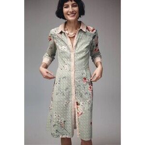 Varun Bahl Anthropologie Bloomed Eyelet Shirtdress Button Front Green Motif Sz 8